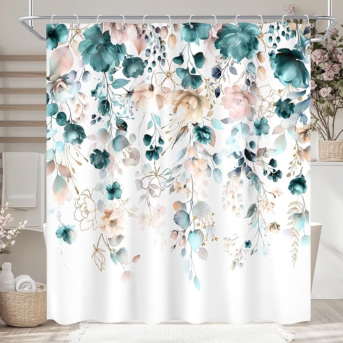 Floral Teal Green Eucalyptus Leaf Rustic Bathroom Shower Curtain Set | 72"W x 72"L Flower Watercolor style, clear shower print, fast-dry fabric and hooks for a simple bath update.