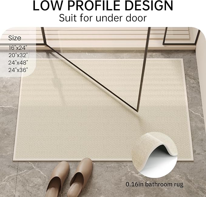 Mecko 24"x36" Bath Mat, Absorbent Quick Dry Bathroom Floor Mats Oatmeal | Upgraded Thin Cozy Cloth Bathroom Mat Fit Under Door, Rubber Non-Slip Bathroom Rug for Bathtub, Sink, Shower Room