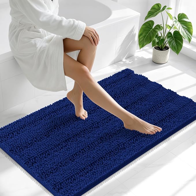 Smiry Thick Chenille Large Bathroom Runner Rugs 45x27, Soft Bath Mat, Navy | Quick‑Dry & Machine Washable, Non‑Slip Bath Carpet, Striped Bath Rugs for Tub & Shower, Modern Home Decor Accessories