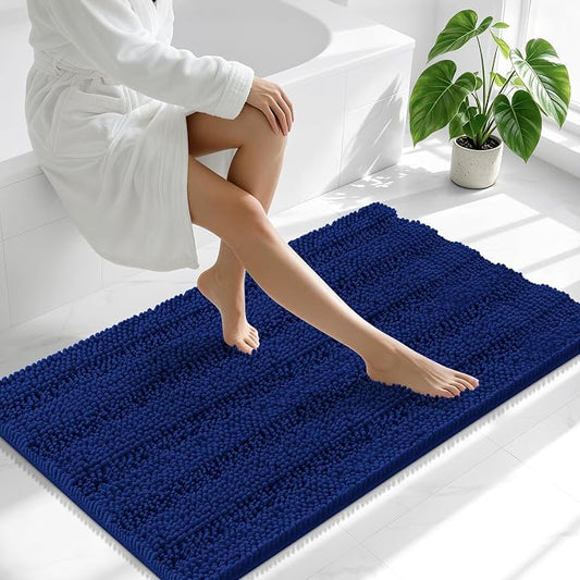 Smiry Thick Chenille Large Bathroom Runner Rugs 45x27, Soft Bath Mat, Navy | Quick‑Dry & Machine Washable, Non‑Slip Bath Carpet, Striped Bath Rugs for Tub & Shower, Modern Home Decor Accessories