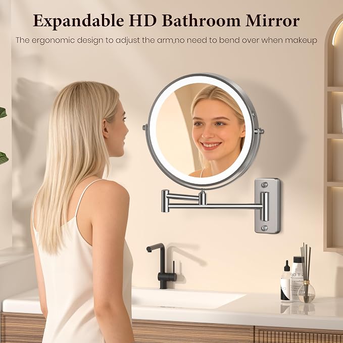 9" Large Wall Mounted Lighted Makeup Mirror, 5000mAh Rechargeable 1X/20X Magnifying Mirror with 3 Color Lights Touch Dimmable, Extended Arm 360° Swivel Bathroom Wall Mounted Makeup Mirror,Pearl Nickel