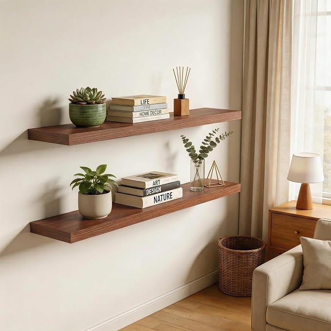 36 in Floating Shelves for Wall Decor Color Walnut,Pack 2 | Modern floating shelves for living room,bedroom,kitchen and bath.Organize & display books,photos and decor.easy mount,sturdy.