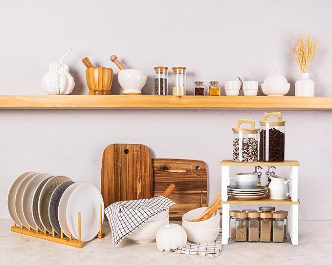 Marsui 4 Pcs Kitchen Organizer Accessories Set for Cabinet,Wooden Color | Cabinet Organizer Shelves, Bamboo Dish Drying Plate Rack, Wooden Counter Storage Holder, for Spice Dish Pot Lid Bowl Cup