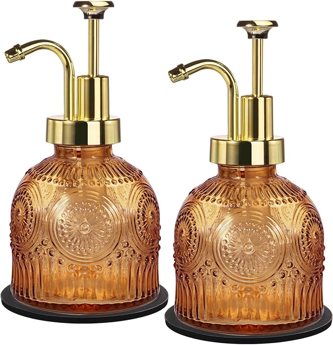 Amolliar 8 Oz Glass Vintage Soap Dispenser Plastic Gold Pump,Brown,2pc | Antique Rustic Hand Soap Dispenser for Bathroom/Kitchen, Vintage/Farmhouse/Boho Style,Pump Dispenser, Refillable, Non-Slip