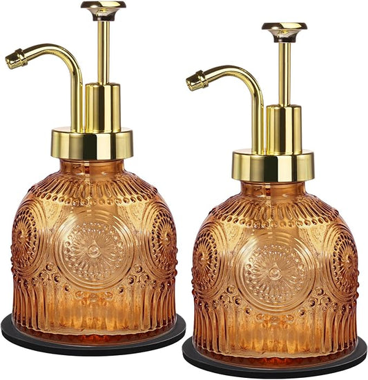 Amolliar 8 Oz Glass Vintage Soap Dispenser Plastic Gold Pump,Brown,2pc | Antique Rustic Hand Soap Dispenser for Bathroom/Kitchen, Vintage/Farmhouse/Boho Style,Pump Dispenser, Refillable, Non-Slip