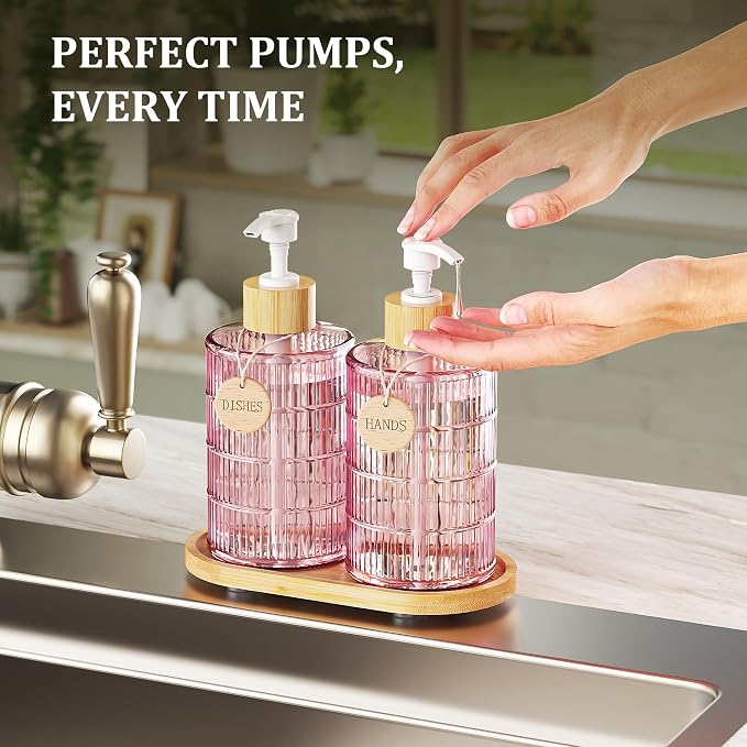 MASADI Soap Dispenser Set with Bamboo Tray, Dish and Hand Soap Lotion Dispenser Set with Wooden Pump for Kitchen and Bathroom Decor for Counter, Modern Vintage Liquid Soap Dispensers (Pink&Bamboo)