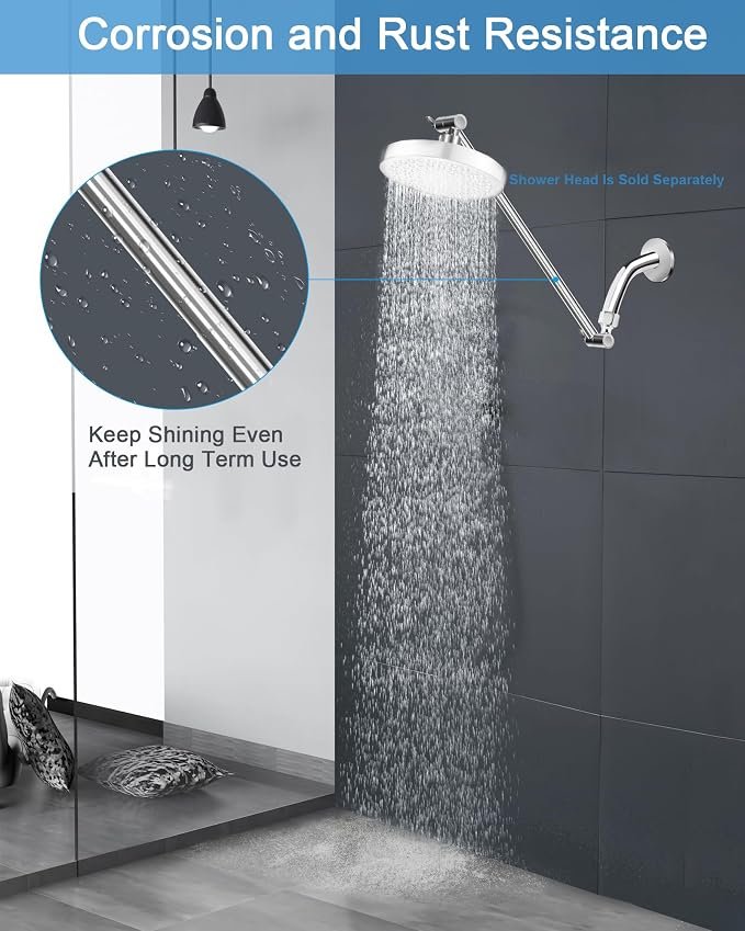 11 Inch Adjustable Shower Head Extension Arm With Locking Set Screw, Singing Rain 304 Stainless Steel Chrome Angle Height Adjustable, Easy Install, G1/2 Universal Connector Compatible (Chrome Finish)