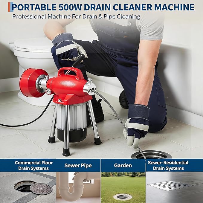 500W 400 RPM Auto Feed Electric Drain Cleaner Machine (66FT x 5/8" + 16FT x 3/8", Red) | Portable Drain Cleaning Auger Sewer Snake with 66 ft x 5/8" & 16 ft x 3/5" Steel Cables & 6 Cutters, for 1.6"-4" Pipes