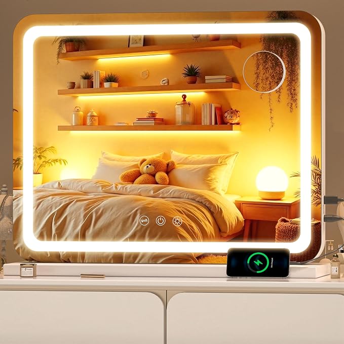 Vanity Mirror with Lights, 23" x 18" LED Makeup Mirror with 10X Magnification, Dimmable 3 Modes, Memory Function, Smart Touch, USB Charging Port, Lighted Makeup Mirror Round White