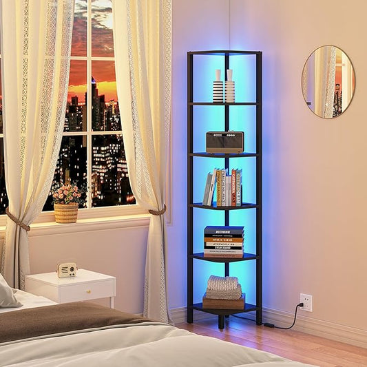 TUTOTAK Corner Shelf with LED Light, 6-Tier Corner Bookshelf | for Small Space, Narrow Display Corner Shelf Stand with Storage Rack, for Living Room, Bedroom, Black BS08BK006L