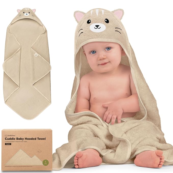 KeaBabies Hooded Baby Towel for Newborn, Baby Bath Towels (Cat, 35x35) | Viscose Derived from Bamboo, Large Baby Towels with Hood, Boys, Girls, Toddler, Soft Absorbent Baby Bath Essentials