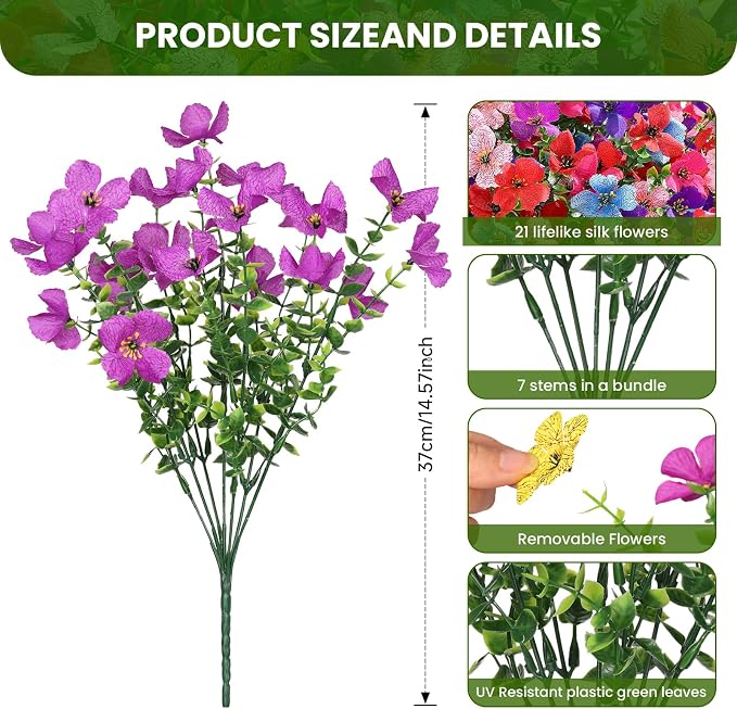 SHareconn 20 Bundles Artificial Flowers UV Resistant Outdoor Decor | Realistic Silk Flowers, Spring Fake Plants Greenery, For Patio Porch Planter Yard Home Spring Decor, 6 Colors