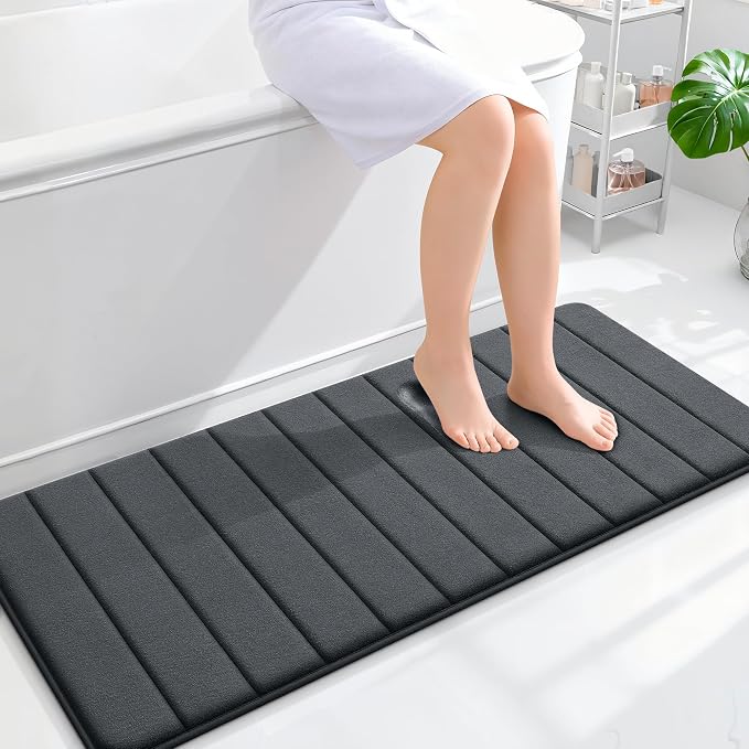 OLANLY Memory Foam Long Bathroom Rugs Runner 47x20, Super Soft Absorbent | Dark Gray, Quick Dry Bath Mat, Machine Washable Shower Floor Rugs, Bathmat Carpet for Bathroom Floor, Tub and Shower