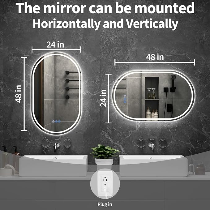 Oval LED Bathroom Mirror, 24"x 48" Frameless Lighted Mirror | LED Mirror with Front Light & Backlit, Anti-Fog, Dimmable Wall Mounted Lighted Mirror, Pill-Shaped Smart Bathroom Mirror