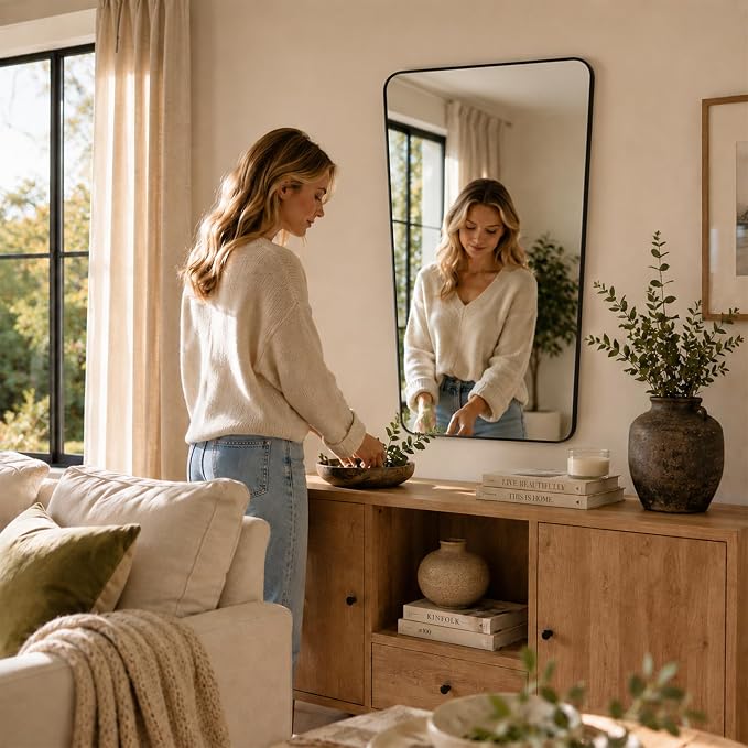 Matte Black Tapered Rounded Rectangle Bathroom Mirror, 24x36 Inch | Aluminum alloy frame, soft trapezoid shape, tempered glass, reversible vertical keyhole mount