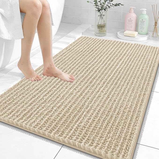 OLANLY Large Bathroom Rugs 40x32, Thick Soft Absorbent Chenille Bath Rugs | Beige, Quick-Drying Rubber Backing, Shaggy Bath Mat, Machine Washable for Floor, Tub and Shower, Home Decor Accessories