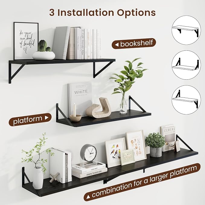 30 Inch Floating Shelves, 10 Inch Deep Black Wall Shelves Set of 2 | 30'' x 10'' Rustic Wood Shelves with Heavy Duty Brackets, Deep Shelves for Bathroom, Living Room, Engineered Wood, 40LBS