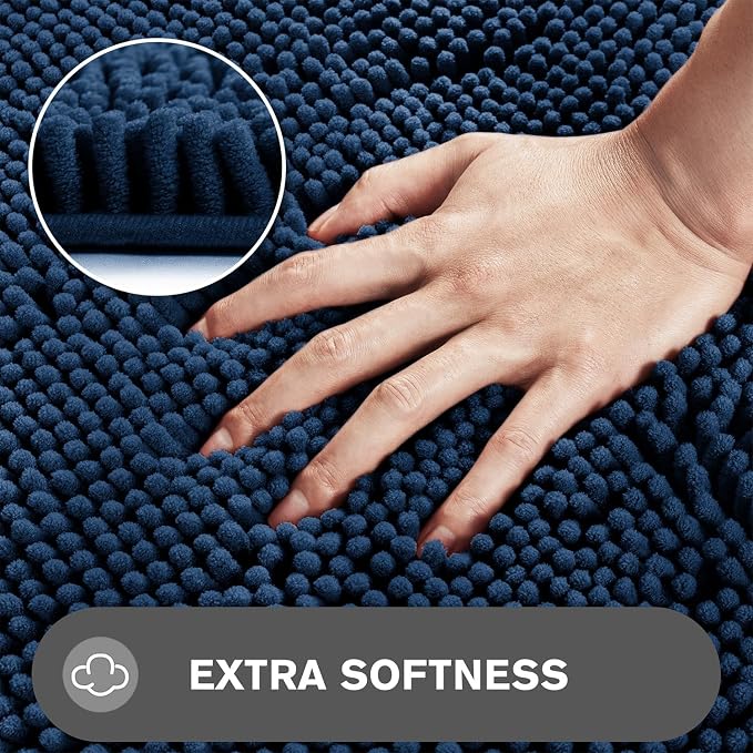 Small Bathroom Rug 12"x18" – Washable and Absorbent Bath Mat, Non Slip, Thick Soft Chenille Bath Rugs for Bathroom, Shower, Sink, Dog mat(Navy Blue)