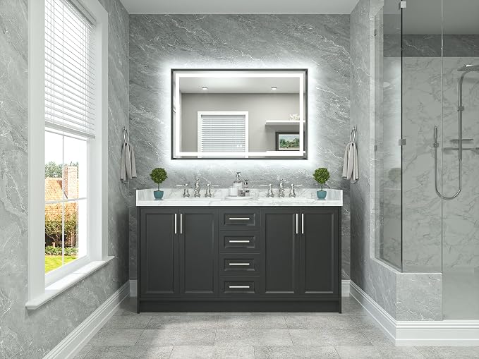 48 x 32 Led Mirror Brushed Gunmetal Gray/Off‑Black Metal Frame Frontlit & Backlit Vanity Mirror Anti-Fog Stepless Dimmable 3 Colors White/Warm/Natural Wall Mirror with Lights Wall-Mounted