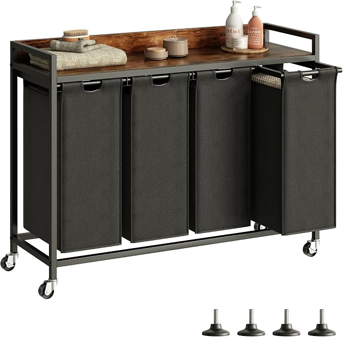 Herture Laundry Hamper with Shelf, Laundry Basket 4 Section, Laundry Sorter with Pull-Out Removable Large Bags and Movable Wheels, Metal Frame, 4 x 15.87 Gallons (60L), Rustic Brown + Black PF07XLY