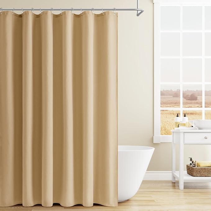 Gold Yellow Linen Shower Curtain, Country Boho Farmhouse Bath Decor Shower Curtains Neutral Cloth Weighted Textured Fabric Bath Curtain Liner with Hooks, 72x80
