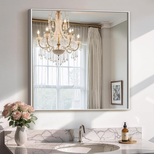 Bathroom Vanity Mirror for Wall, 30"x30" Bathroom Mirror for Over Sink | HD Shatterproof Glass, Rectangular Metal Frame, Mirror for Bathroom, Living Room, Entryway, Silver
