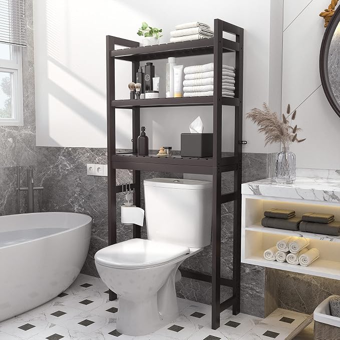 Over The Toilet Storage, Bamboo 3-Tier Over-The-Toilet Space Saver Organizer Rack, Stable Freestanding Above Toilet Stand with 3 Hooks for Bathroom, Restroom, Laundry, Espresso