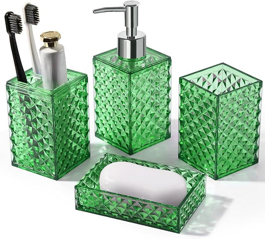 RYTOXILO Green Bathroom Accessories Set, 4 Pack Green Bath Accessory Sets Complete, Acrylic Soap Dispenser and Toothbrush Holder Set for Bathroom Counter Sink, Modern Bathroom Decor