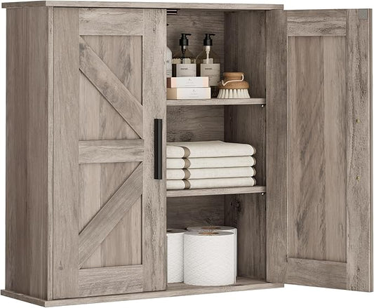 Homleke Bathroom Wall Cabinet, Medicine Cabinet with Adjustable Shelves | 3-Tier Wall Mounted Over Toilet Storage with Barn Doors, for Bathroom, Kitchen, Entryway, Laundry Room, Greige, (7.9" D)