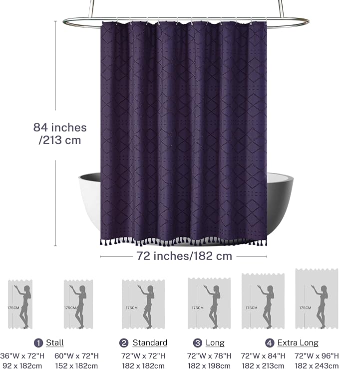 Siiluminisoy Boho Shower Curtain 84inch Dark Purple Woven Fabric Long Shower Curtain, Tufted Chevron Textured Striped 72" x 84" Modern Farmhouse Minimalist Cloth Shower Curtains for Bathroom