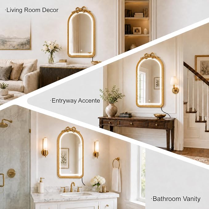Vanity Mirror with Lights,LED Bathroom Mirror 31x20 Gold Bow Mirror | Mirror with Lights, LED Mirror, Bathroom Mirror with Lights, Lighted Mirror, Gold Bathroom Mirror,Vanity Mirror for Bathroom