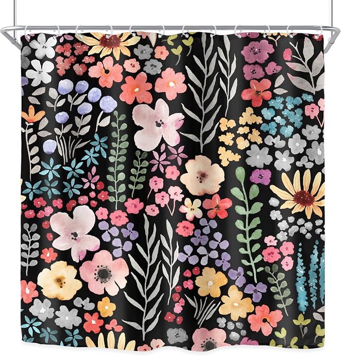 Black Dark Floral Flowers Watercolor Plants Art Bathroom Shower Curtain Set | 72"W x 72"H Leaves Botanical; waterproof HD print, quick-dry fabric with 12 hooks for easy hanging.