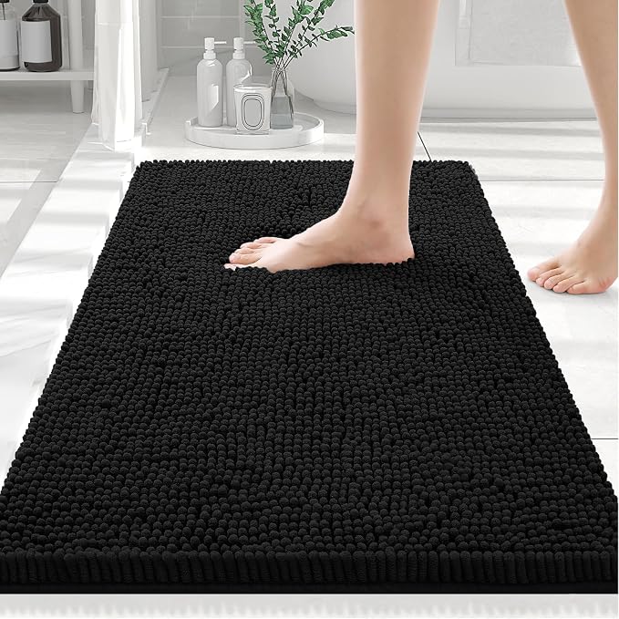 Smiry Bathroom Rugs 24X16, Luxury Chenille Extra Soft Absorbent Bath Mat | Black, Machine Washable Non-Slip Plush Bath Mats for Bathroom, Tub, Shower, and Floor, Home Decor