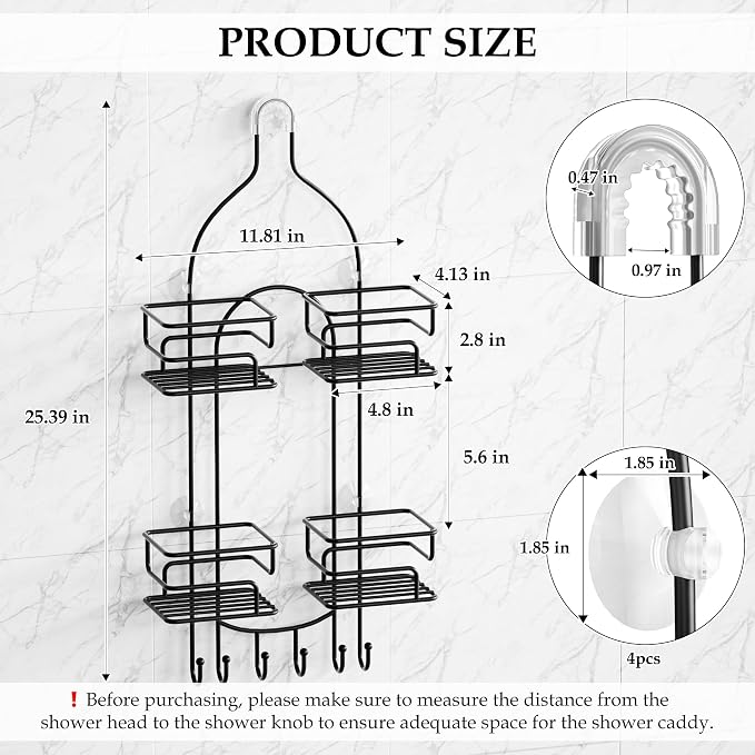 SRIWATANA Shower Caddy Hanging, Shower Organizer with Razor Hooks, Black | Rustproof Shower Rack, No Drilling Shelves Over Shower Head, Anti-Swing Scution Install, Bathroom Holder for Sponge Loofah