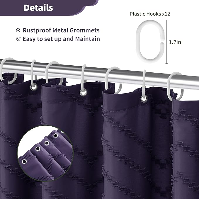Siiluminisoy Boho Dark Purple Shower Curtain, 72 x 72 Woven Fabric Tufted Chevron Textured Striped Modern Farmhouse Minimalist for Bathroom