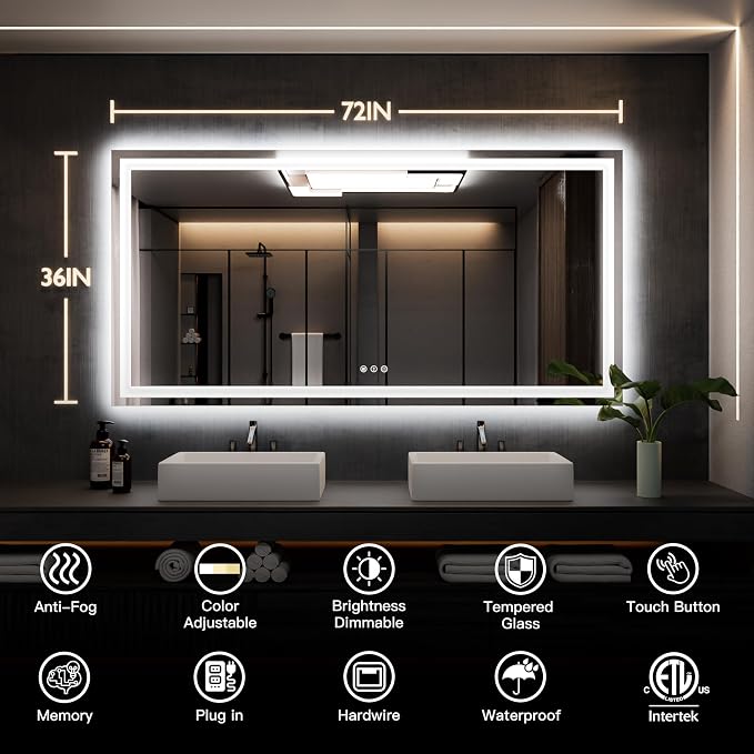 ISKM 72x36 LED Mirror for Bathroom, Front and Back Lit, Anti-Fog, Dimmable | Memory Function,ETL,3 Color Temps 3000K-6000K,IP65 Waterproof ,Tempered Glass, Plug in or Hardwired, for Makeup & Shaving