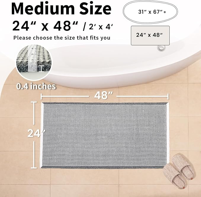 Waffle Bath Mat, Boho Bathroom Rugs Non Slip Washable, 24" x 48" | Super Absorbent Quick Dry Bath Mat, Boho Bathroom Mats, Soft Waffle Weave Farmhouse Bathroom Decor, Dark Grey and White