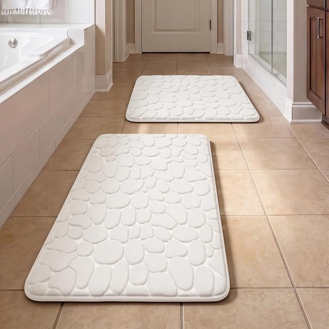 Bathroom Rugs Mat Set, Memory Foam Bath Mat 2 Piece White | 17x24&20x32, Non Slip, Water Absorbent, Washable, Bath Mat For Bathroom, Sink and Toilet