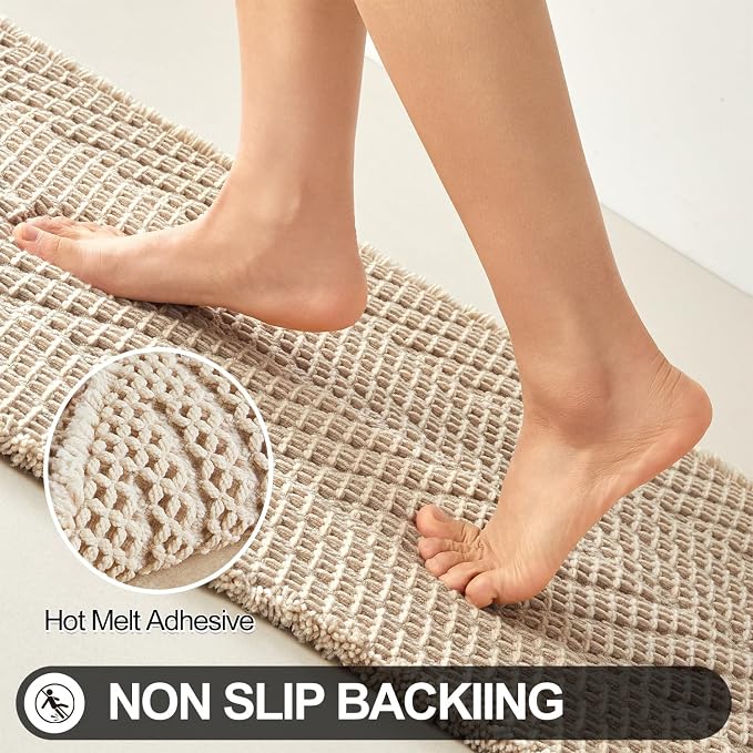 Sunfly Waffle Bath Mat, Boho Bath Rugs for Bathroom Floor Super Absorbent & Quick Dry, Non-Slip Washable Bath Mat with Tassels, Ultra Soft Farmhouse Bathroom Decor 16"*24" Beige