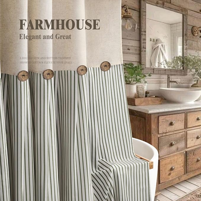 Farmhouse Shower Curtain Linen Button Green Stripe 72" W x 72" L | Farmhouse Style, Chic Button, Striped, Linen Fabric, Rustic, Country, Natural Look, Washable, for Bathroom Bathtub