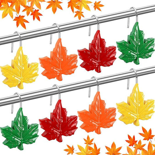 Fall Shower Curtain Hooks 12 Pcs Decorative Maple Leaf Rings Halloween | Resin Metal Standard Size, Smooth Gliding Rust Proof, Autumn Theme 12 Pack, Bathroom Thanksgiving Halloween Decor