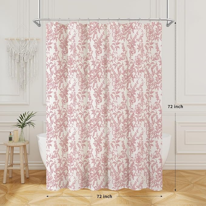 Pink Boho Linen Shower Curtain, Farmhouse Floral for Bathroom | Botanical floral print. Rustic farmhouse boho decor. Durable linen blend fabric. Machine washable for easy care. 72x72