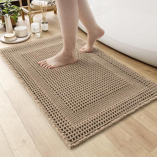 AMOAMI Waffle Bath-Mat, Absorbent Bath Mats for Bathroom Non Slip, Machine Washable Bathroom Rugs with Tassels Ultra Soft Boho Bath Rugs for Floor 17''x24'' Beige