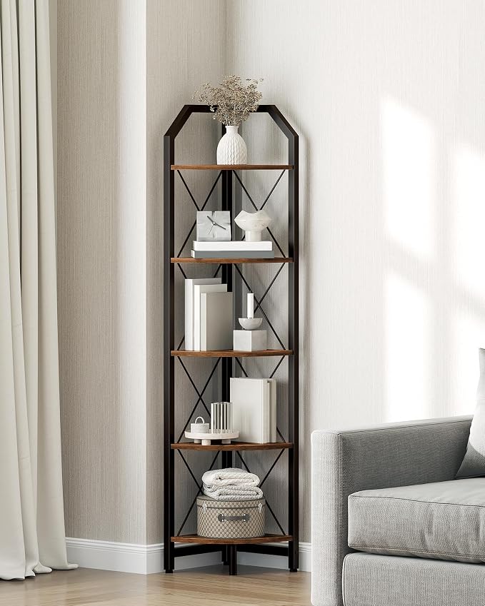 59.4" Corner Shelf, 5-Tier Industrial Corner Bookshelf, Corner Storage Stand, Plant Stand Display Shelf, Bookcase for Bedroom, Living Room, Home Office, Rustic Brown and Black TCJ10BF