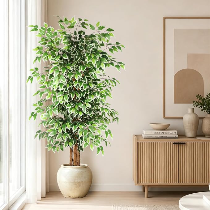 GTIDEA 6FT Artificial Ficus Tree with Natural Wood Trunk (NO VASE Included) | Tall Faux Trees Indoor, Dense Foliage, Fake Silk Tree Fake Plants for Home Decor Living Room Outdoor Balcony House Office