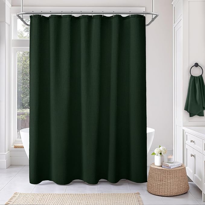 Extra Long Waffle Shower Curtain Heavyweight Cotton Fabric Dark Green 72Wx90L