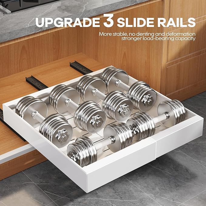 Seinloes 6Pack Expandable Pull Out Cabinet Organizer 21"Deep With Raising Pad for Framed Cabinets,Slide Out Drawers with 4pcs Divider Racks,Roll Out Shelves Adhesive,Adjustable Width 12.05"-20.4"White