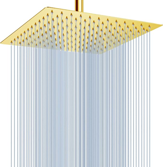 Voolan Rain Shower Head - High Flow Large Rainfall Shower Heads Made of Stainless Steel - Waterfall Bathroom Square Showerhead - Ceiling or Wall Mount (12" Gold)