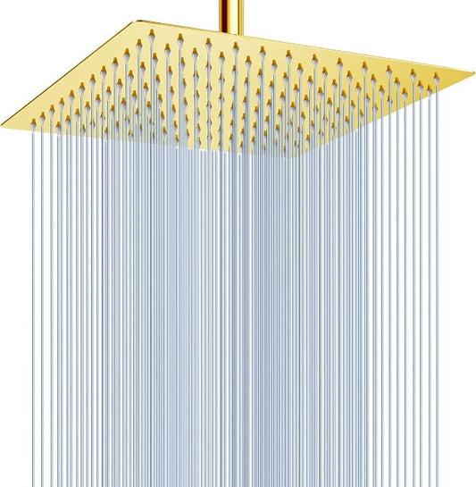 Voolan Rain Shower Head - High Flow Large Rainfall Shower Heads Made of Stainless Steel - Waterfall Bathroom Square Showerhead - Ceiling or Wall Mount (12" Gold)