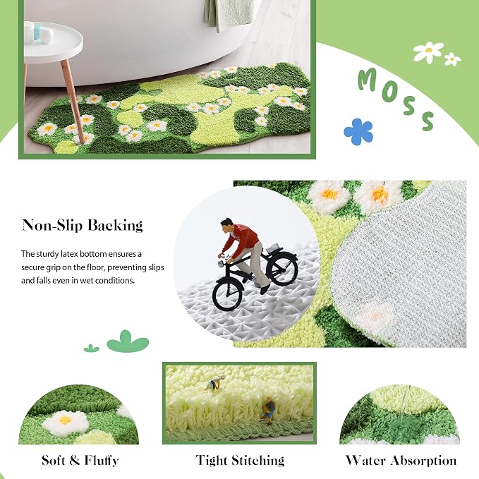 YIKUSH Moss Rug, Cute Green Plant Bath Mat with White Flowers, 43x20 Inch | Bathroom Decor Aesthetic, Soft Absorbent, Quick Dry, Machine Washable, Non Slip Bath Mat for Bedroom Shower Floor Home Decor